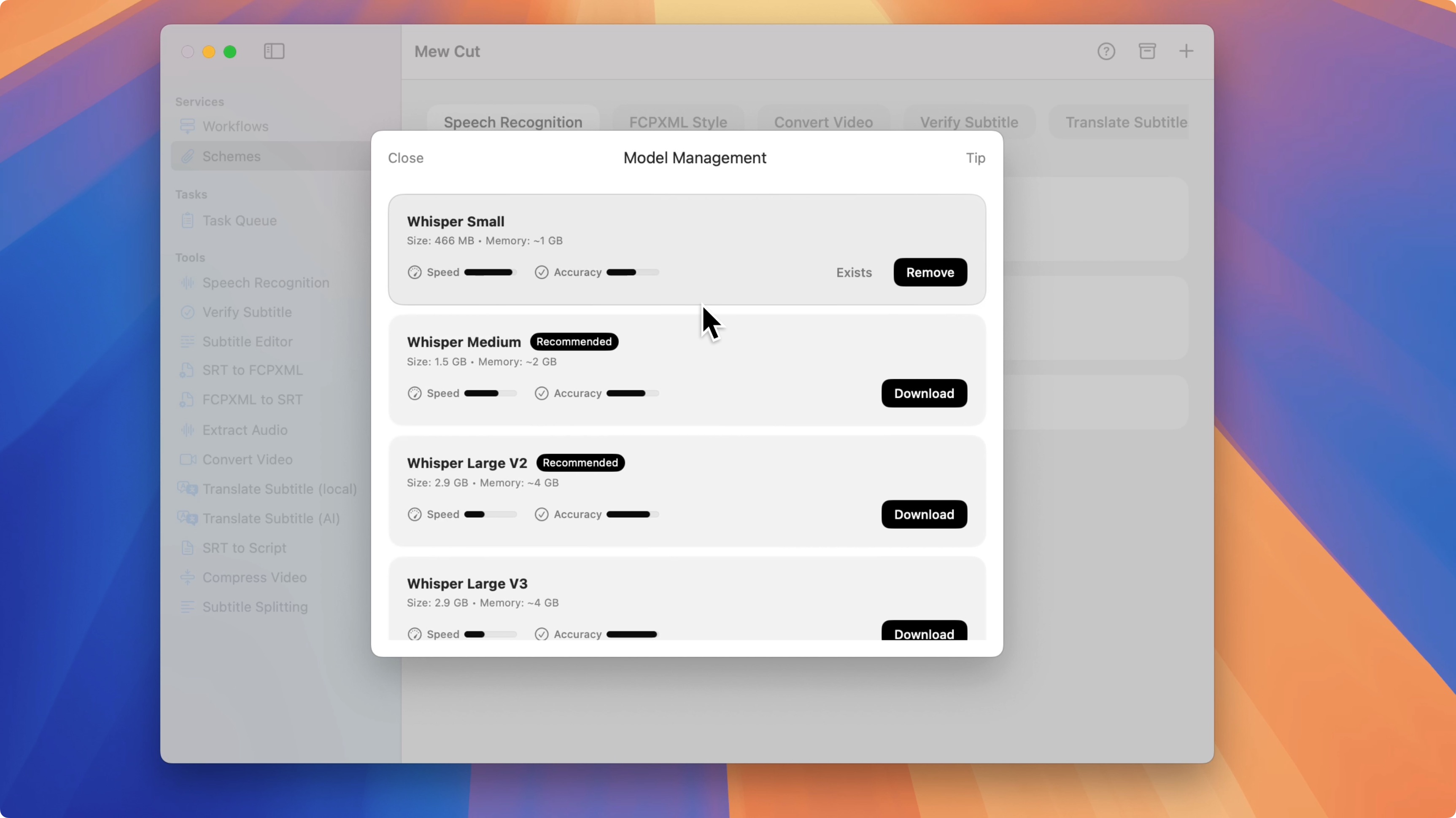 Download speech recognition models in Mew Cut on macOS