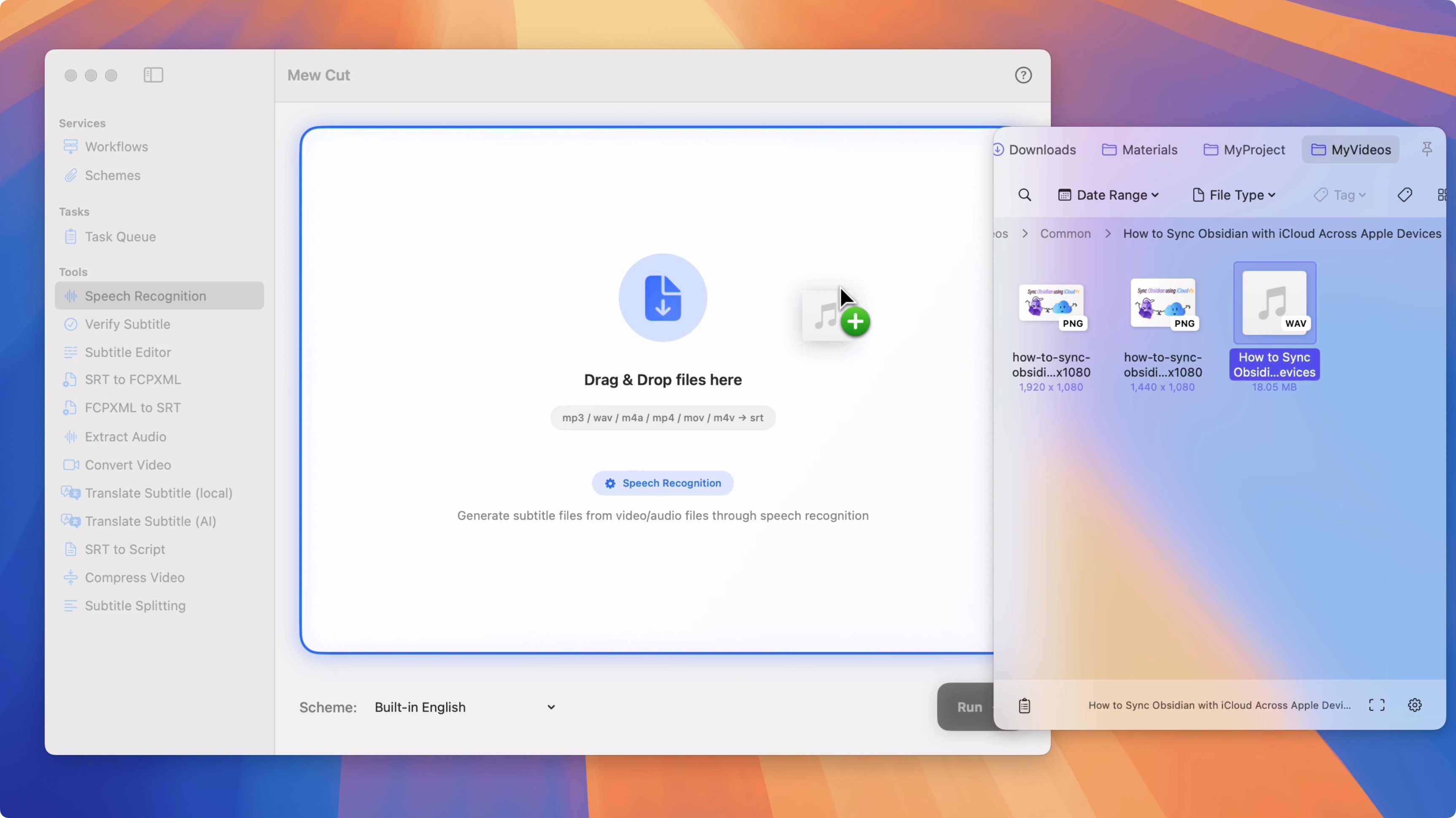 On macOS, drag and drop media files to generate AI subtitles